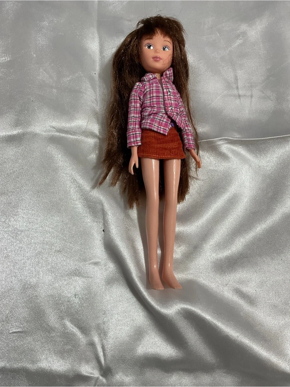Brown-Haired Fashion Doll with Pink Plaid Shirt and Rust Skirt - Kids Toys